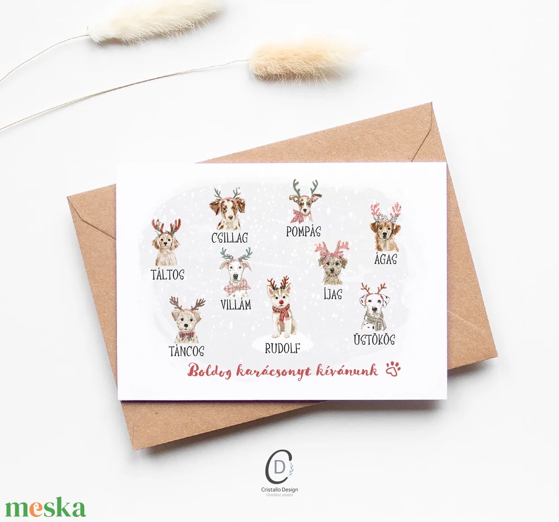 Karácsonyi képeslap, kutyás üdvözlőlap, rénszarvas ajándékkísérő  - karácsony - karácsonyi ajándékozás - karácsonyi képeslap, üdvözlőlap, ajándékkísérő - Meska.hu