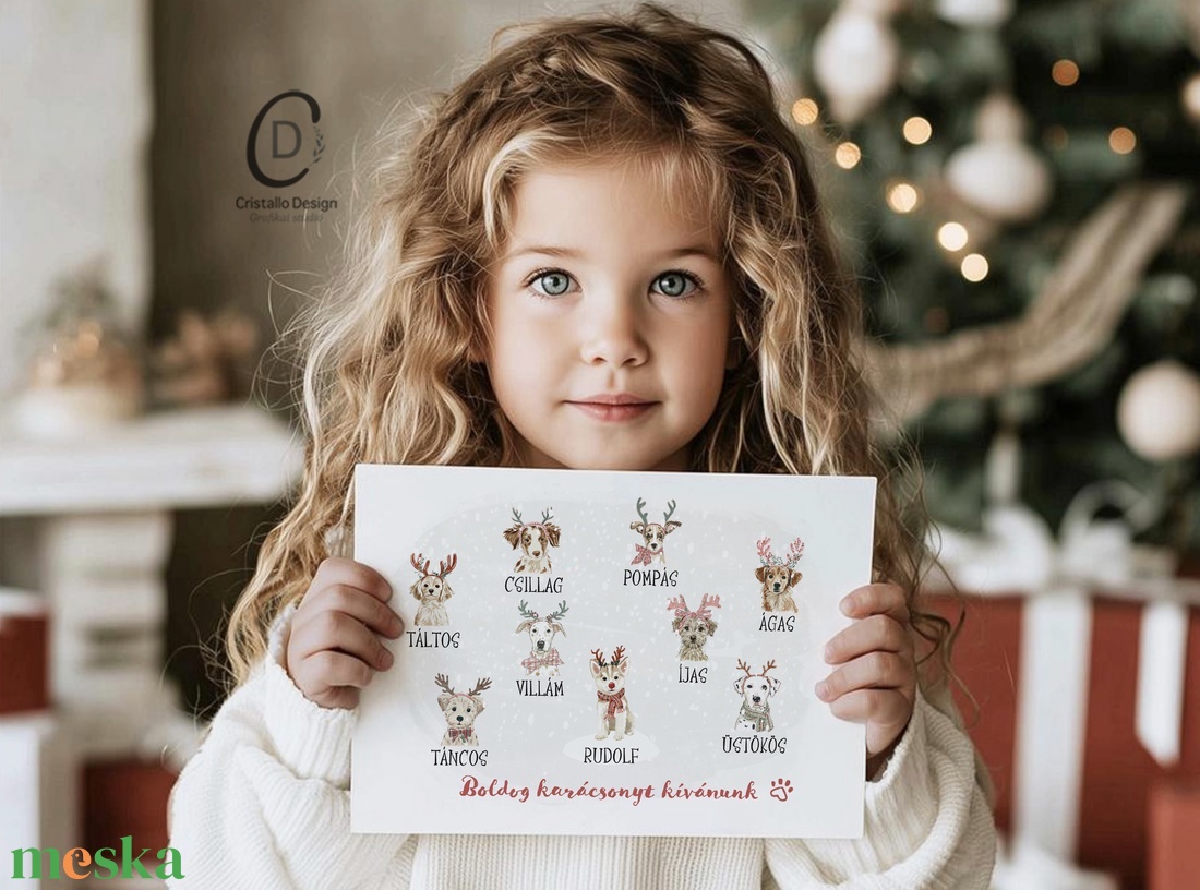 Karácsonyi képeslap, kutyás üdvözlőlap, rénszarvas ajándékkísérő  - karácsony - karácsonyi ajándékozás - karácsonyi képeslap, üdvözlőlap, ajándékkísérő - Meska.hu