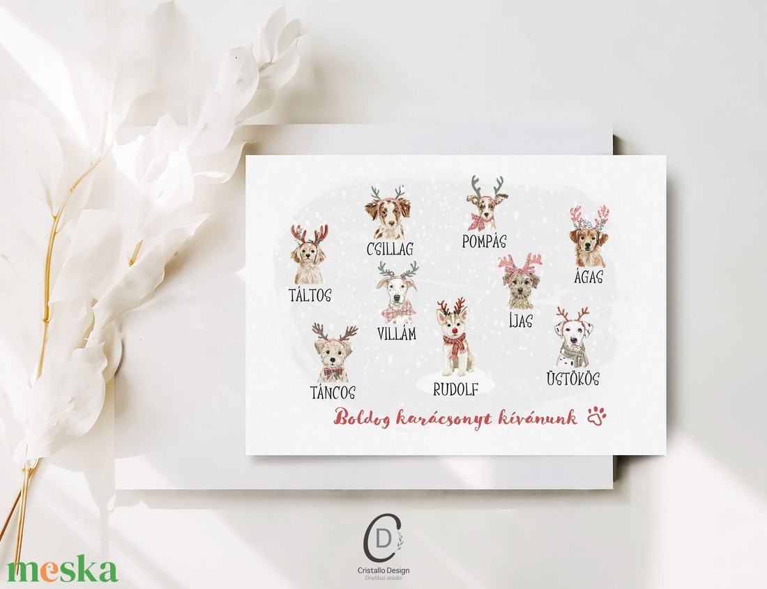 Karácsonyi képeslap, kutyás üdvözlőlap, rénszarvas ajándékkísérő  - karácsony - karácsonyi ajándékozás - karácsonyi képeslap, üdvözlőlap, ajándékkísérő - Meska.hu