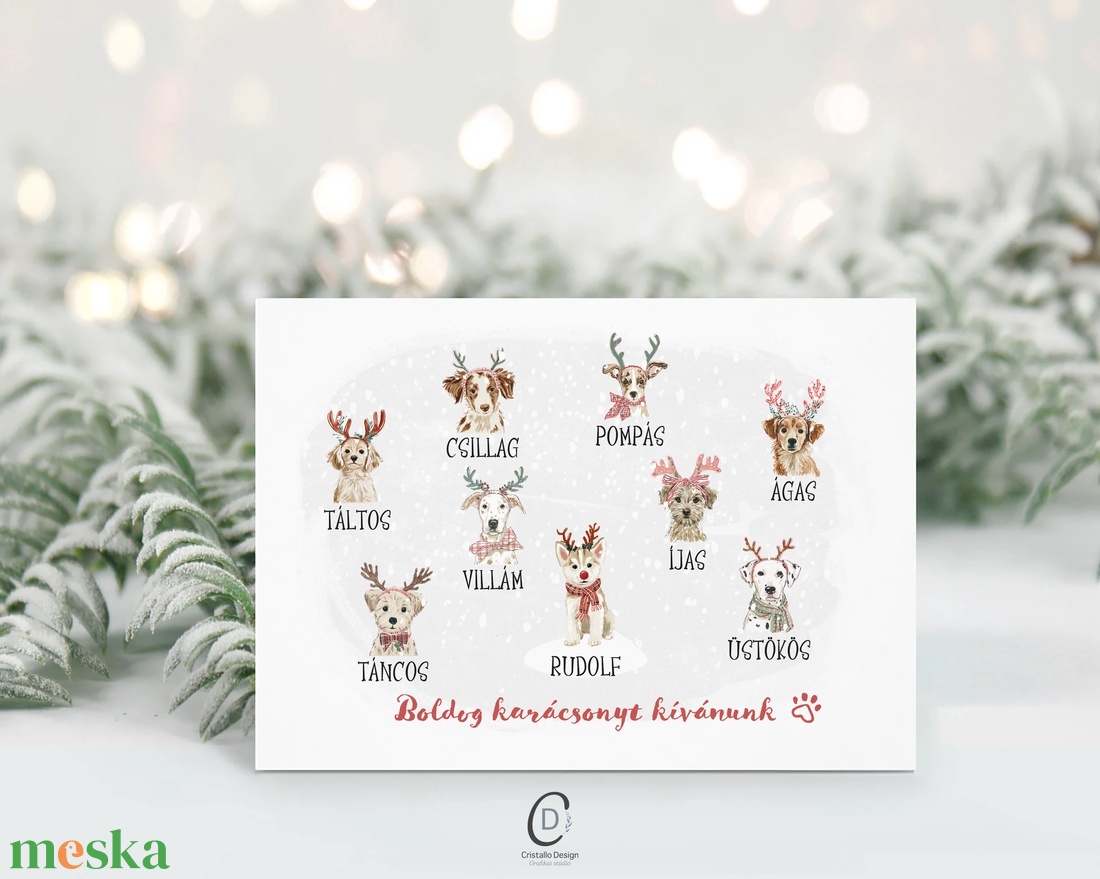 Karácsonyi képeslap, kutyás üdvözlőlap, rénszarvas ajándékkísérő  - karácsony - karácsonyi ajándékozás - karácsonyi képeslap, üdvözlőlap, ajándékkísérő - Meska.hu