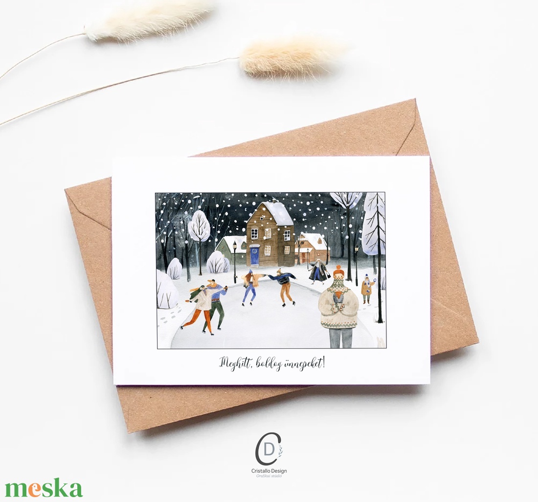 Karácsonyi képeslap, téli üdvözlőlap, korcsolyázók ajándékkísérő - karácsony - karácsonyi ajándékozás - karácsonyi képeslap, üdvözlőlap, ajándékkísérő - Meska.hu