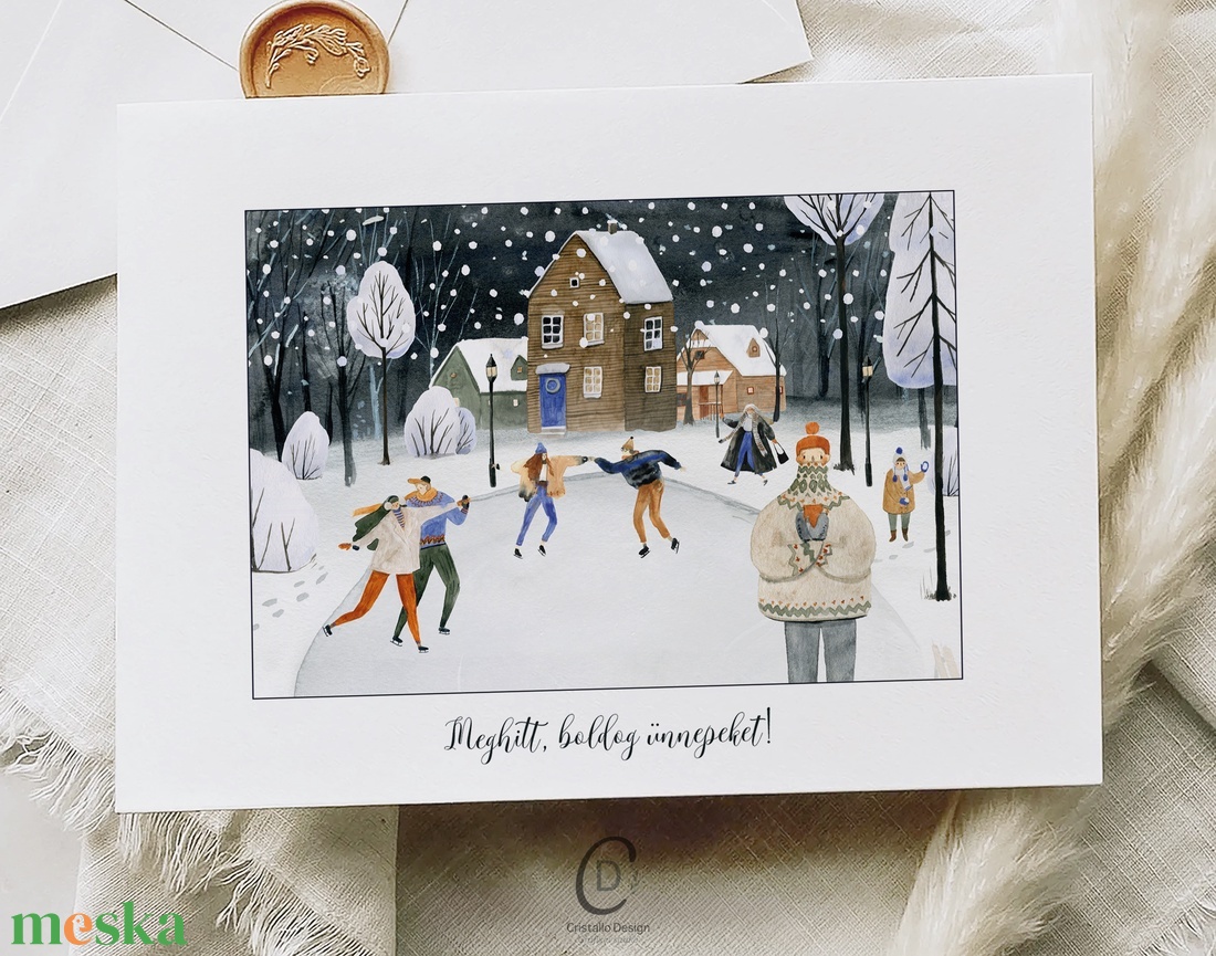 Karácsonyi képeslap, téli üdvözlőlap, korcsolyázók ajándékkísérő - karácsony - karácsonyi ajándékozás - karácsonyi képeslap, üdvözlőlap, ajándékkísérő - Meska.hu