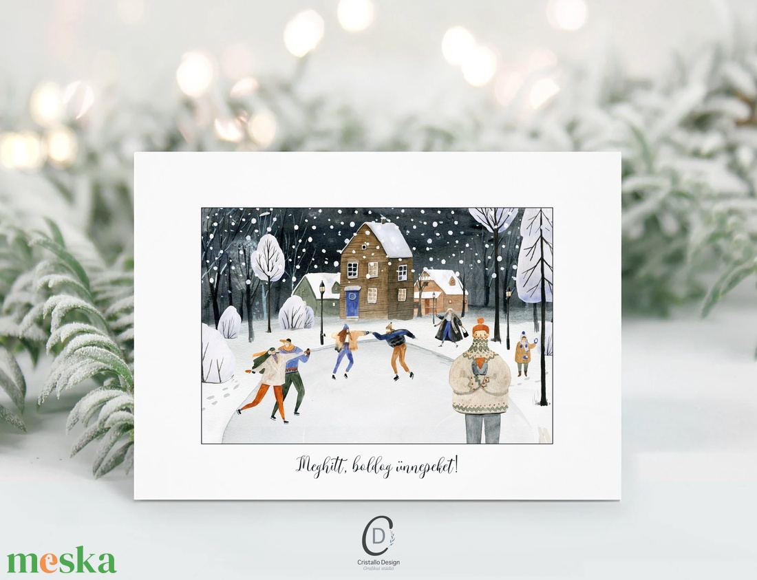 Karácsonyi képeslap, téli üdvözlőlap, korcsolyázók ajándékkísérő - karácsony - karácsonyi ajándékozás - karácsonyi képeslap, üdvözlőlap, ajándékkísérő - Meska.hu