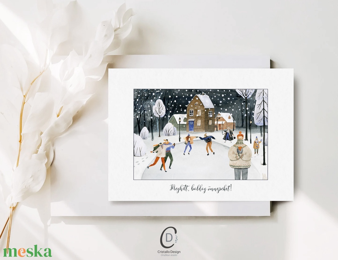 Karácsonyi képeslap, téli üdvözlőlap, korcsolyázók ajándékkísérő - karácsony - karácsonyi ajándékozás - karácsonyi képeslap, üdvözlőlap, ajándékkísérő - Meska.hu