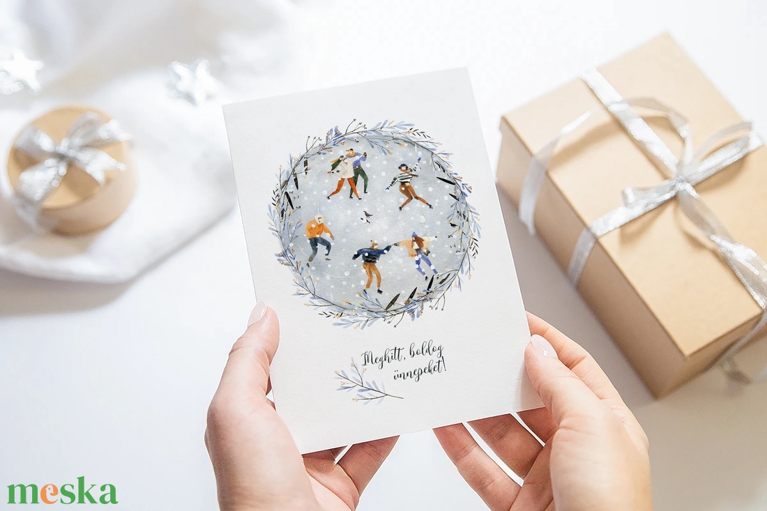 Karácsonyi képeslap, téli üdvözlőlap, korcsolyázók ajándékkísérő  - karácsony - karácsonyi ajándékozás - karácsonyi képeslap, üdvözlőlap, ajándékkísérő - Meska.hu