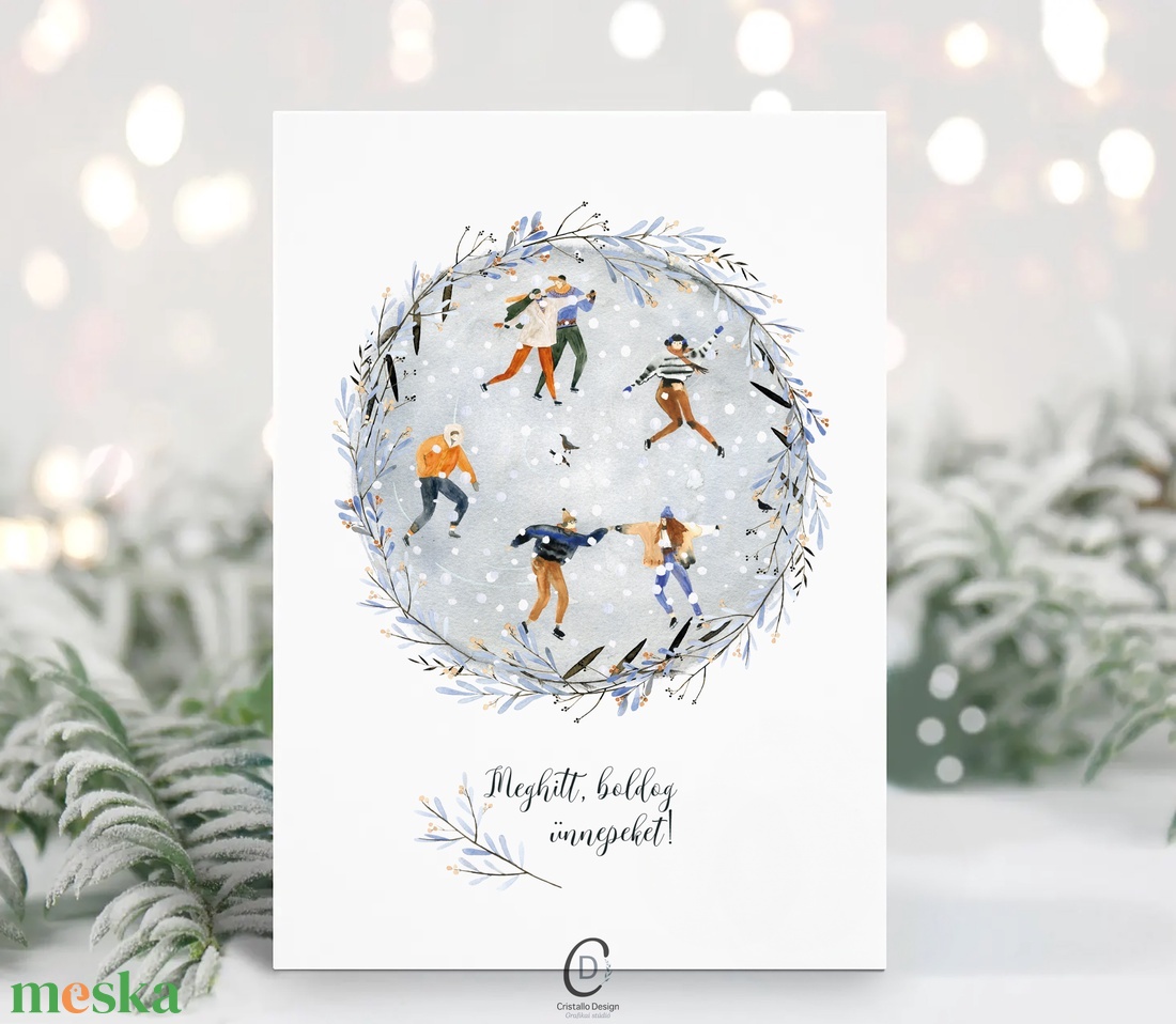 Karácsonyi képeslap, téli üdvözlőlap, korcsolyázók ajándékkísérő  - karácsony - karácsonyi ajándékozás - karácsonyi képeslap, üdvözlőlap, ajándékkísérő - Meska.hu