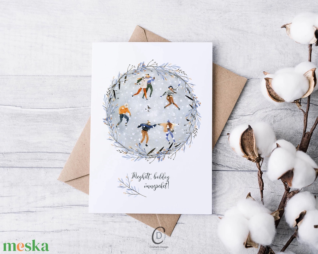 Karácsonyi képeslap, téli üdvözlőlap, korcsolyázók ajándékkísérő  - karácsony - karácsonyi ajándékozás - karácsonyi képeslap, üdvözlőlap, ajándékkísérő - Meska.hu