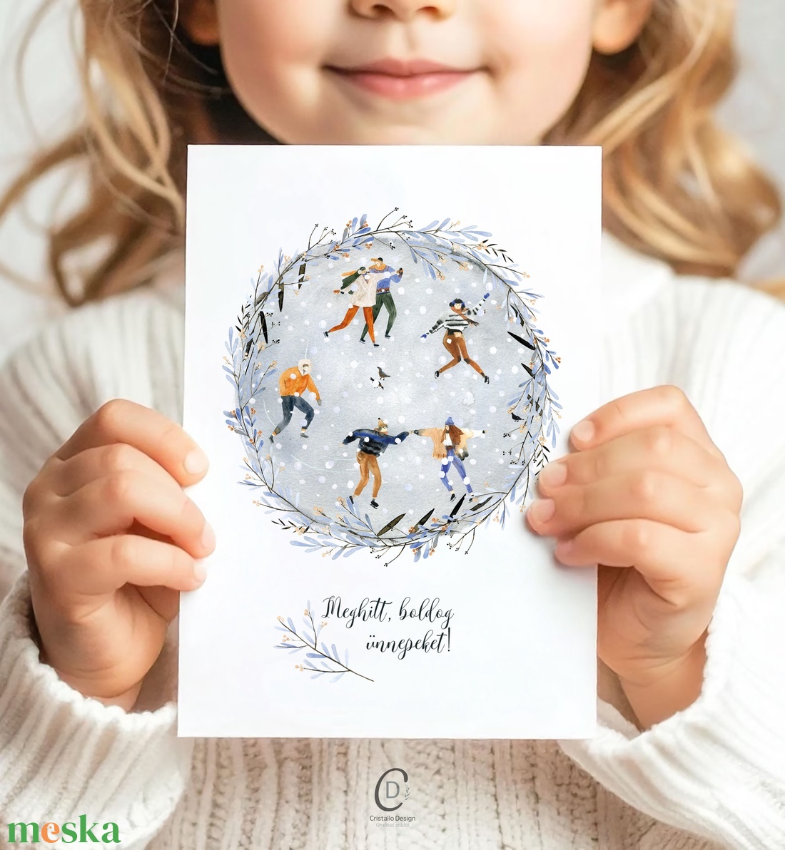 Karácsonyi képeslap, téli üdvözlőlap, korcsolyázók ajándékkísérő  - karácsony - karácsonyi ajándékozás - karácsonyi képeslap, üdvözlőlap, ajándékkísérő - Meska.hu