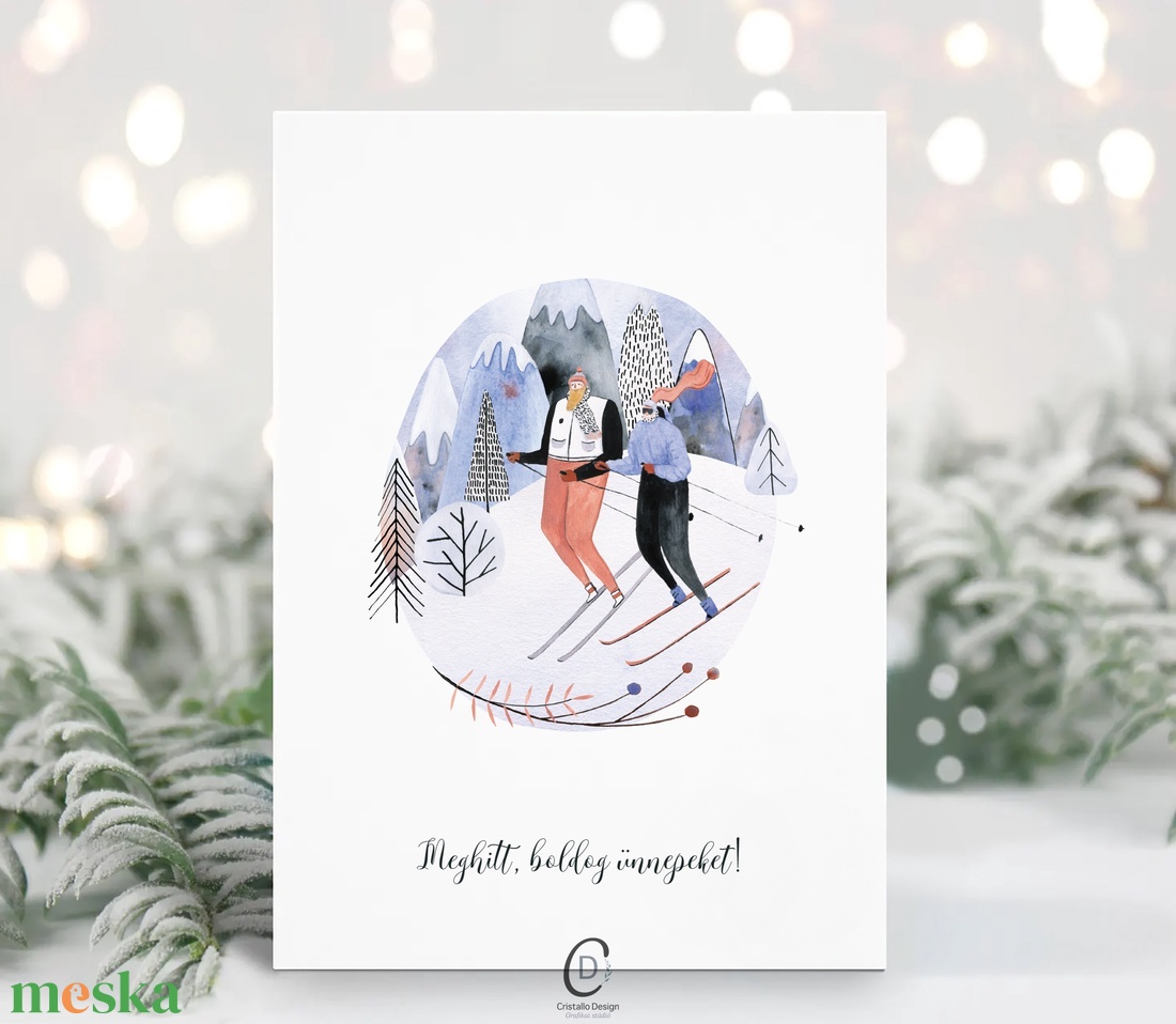 Karácsonyi képeslap, téli üdvözlőlap, síelők ajándékkísérő  - karácsony - karácsonyi ajándékozás - karácsonyi képeslap, üdvözlőlap, ajándékkísérő - Meska.hu