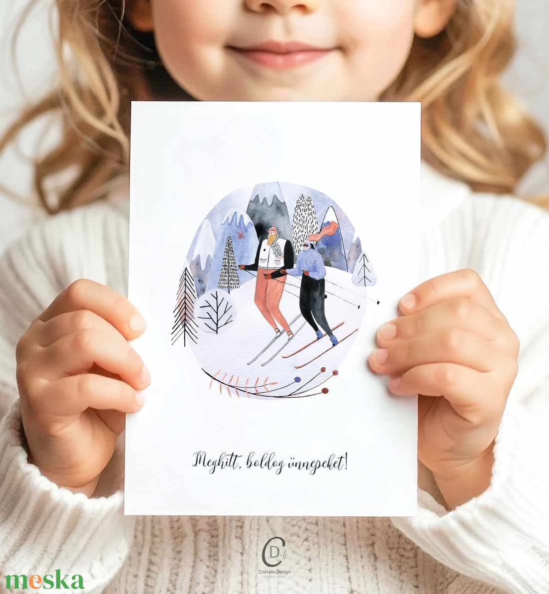 Karácsonyi képeslap, téli üdvözlőlap, síelők ajándékkísérő  - karácsony - karácsonyi ajándékozás - karácsonyi képeslap, üdvözlőlap, ajándékkísérő - Meska.hu