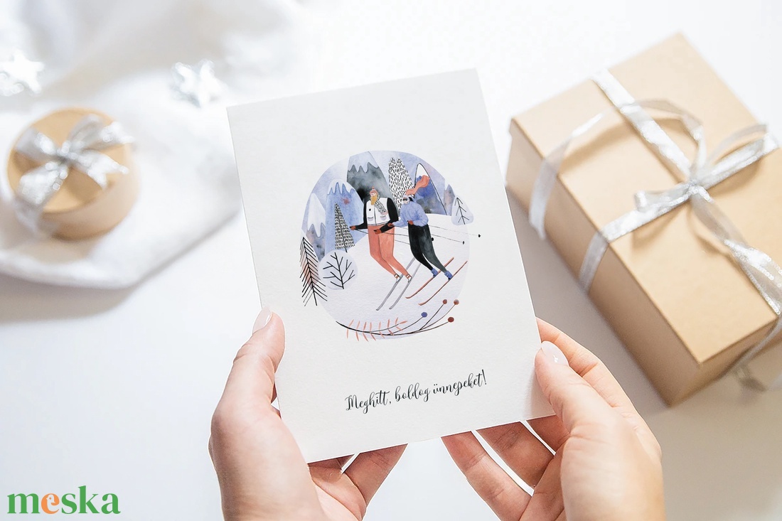 Karácsonyi képeslap, téli üdvözlőlap, síelők ajándékkísérő  - karácsony - karácsonyi ajándékozás - karácsonyi képeslap, üdvözlőlap, ajándékkísérő - Meska.hu