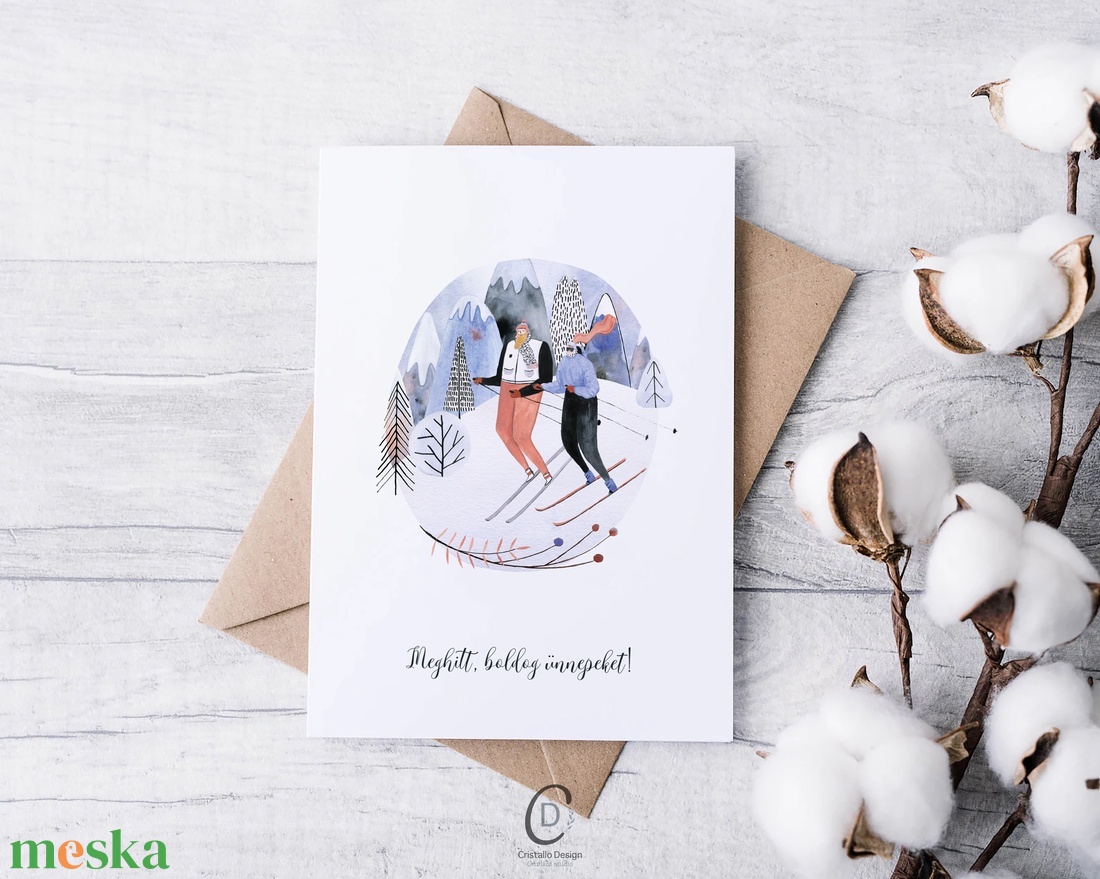Karácsonyi képeslap, téli üdvözlőlap, síelők ajándékkísérő  - karácsony - karácsonyi ajándékozás - karácsonyi képeslap, üdvözlőlap, ajándékkísérő - Meska.hu