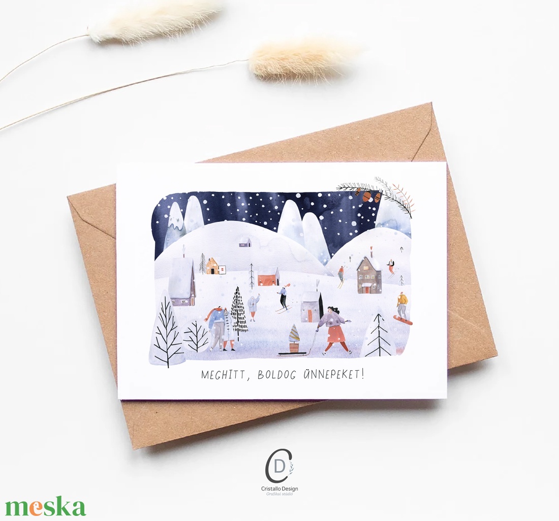 Karácsonyi képeslap, téli üdvözlőlap, síelők ajándékkísérő  - karácsony - karácsonyi ajándékozás - karácsonyi képeslap, üdvözlőlap, ajándékkísérő - Meska.hu