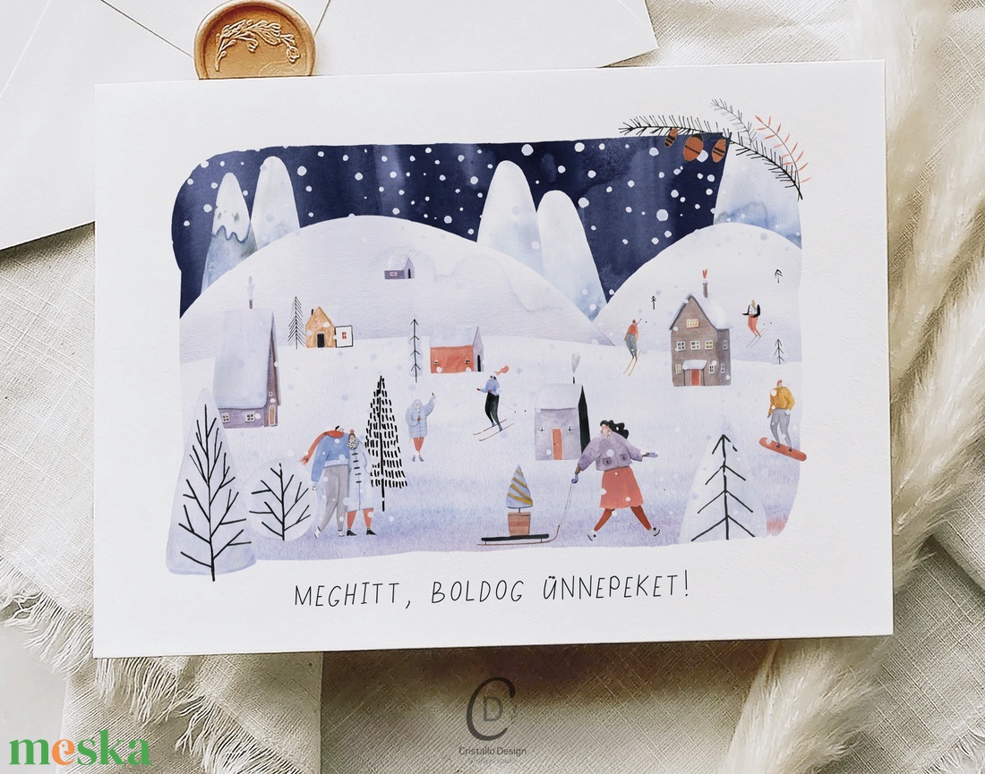 Karácsonyi képeslap, téli üdvözlőlap, síelők ajándékkísérő  - karácsony - karácsonyi ajándékozás - karácsonyi képeslap, üdvözlőlap, ajándékkísérő - Meska.hu
