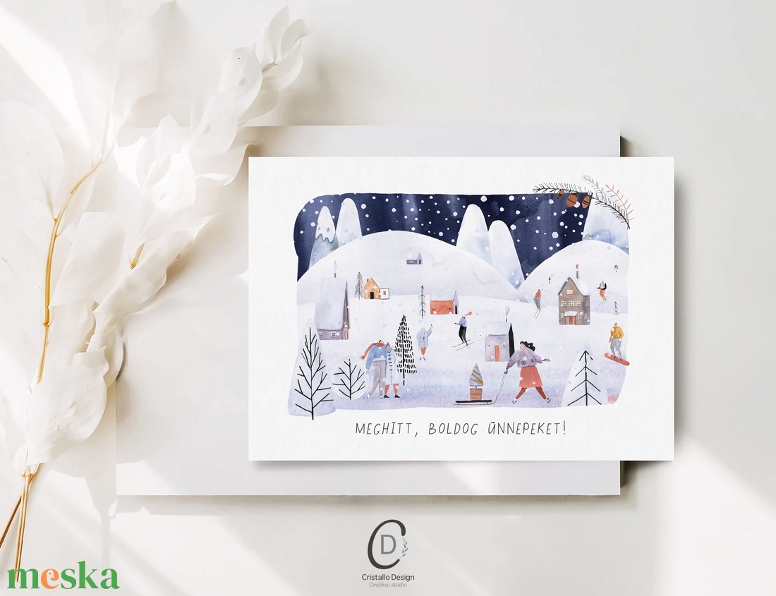 Karácsonyi képeslap, téli üdvözlőlap, síelők ajándékkísérő  - karácsony - karácsonyi ajándékozás - karácsonyi képeslap, üdvözlőlap, ajándékkísérő - Meska.hu