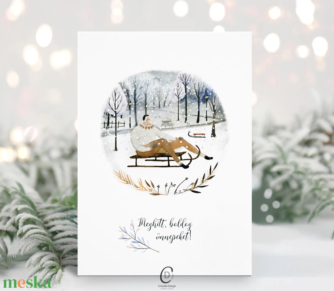 Karácsonyi képeslap, téli üdvözlőlap, szánkós ajándékkísérő  - karácsony - karácsonyi ajándékozás - karácsonyi képeslap, üdvözlőlap, ajándékkísérő - Meska.hu