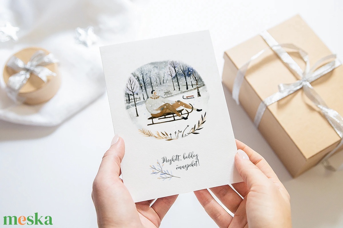 Karácsonyi képeslap, téli üdvözlőlap, szánkós ajándékkísérő  - karácsony - karácsonyi ajándékozás - karácsonyi képeslap, üdvözlőlap, ajándékkísérő - Meska.hu