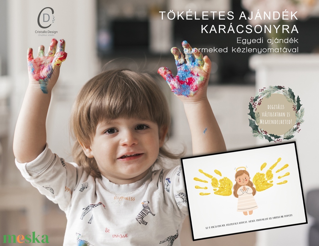 Karácsonyi ajándék, angyalkás kézlenyomatos poszter - karácsony - karácsonyi lakásdekoráció - karácsonyi lakásdíszek - Meska.hu