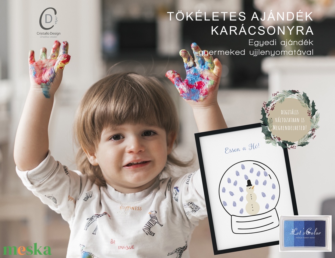 Ujjlenyomat kép, hógömb, tél, karácsonyi ajándék poszter - karácsony - karácsonyi lakásdekoráció - karácsonyi lakásdíszek - Meska.hu