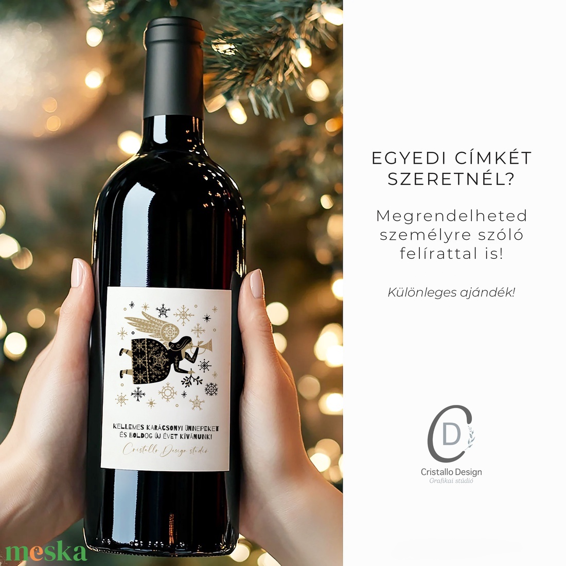 Karácsonyi borospalack címke, pálinkás címke, angyalos ajándékátadó, egyedi italos üveg matrica - élelmiszer - öntapadós címke - Meska.hu