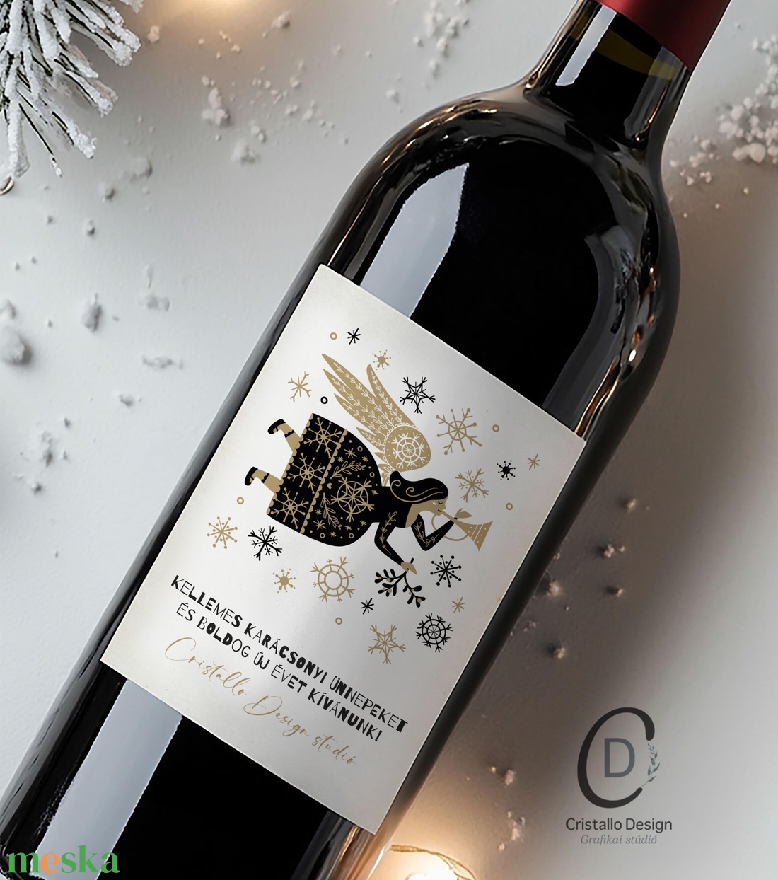 Karácsonyi borospalack címke, pálinkás címke, angyalos ajándékátadó, egyedi italos üveg matrica - élelmiszer - öntapadós címke - Meska.hu