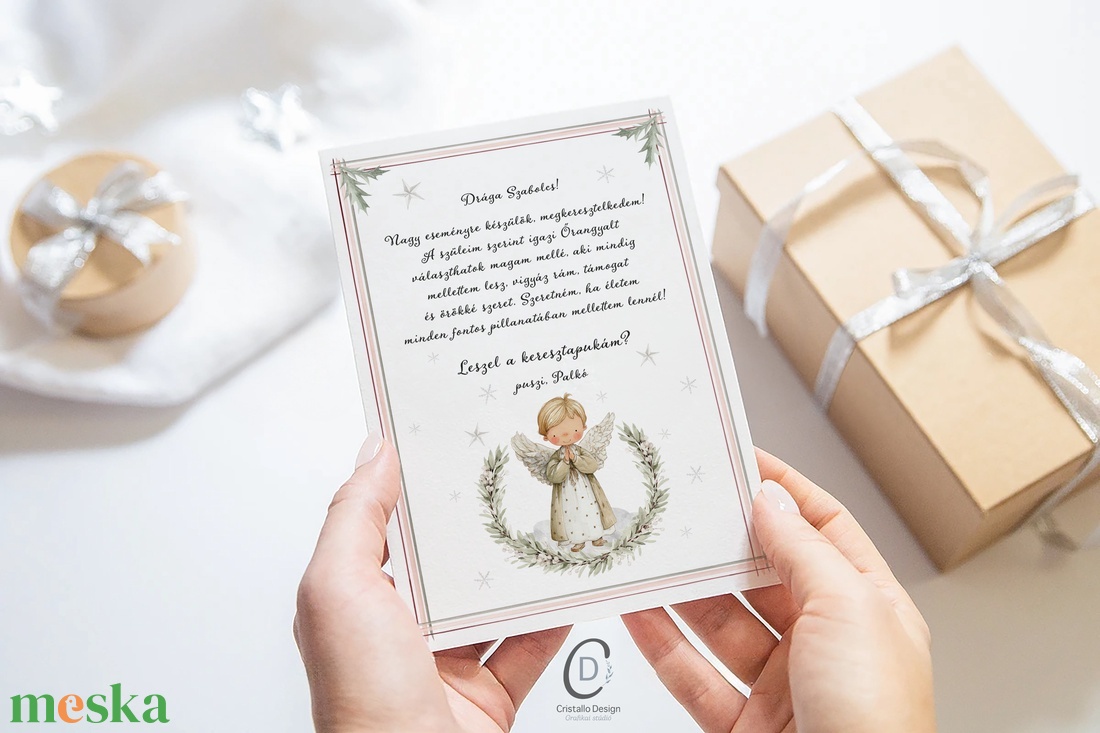 Keresztszülő felkérő kártya, angyalkás, téli ajándékkísérő - baba - mama - keresztelő kellékek - keresztszülő felkérő - Meska.hu