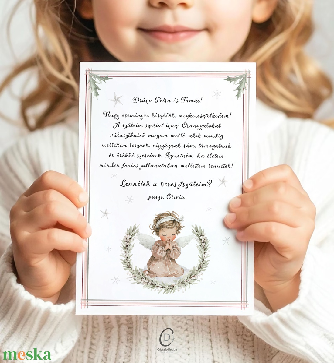 Keresztszülő felkérő kártya, angyalkás, téli ajándékkísérő - baba - mama - keresztelő kellékek - keresztszülő felkérő - Meska.hu