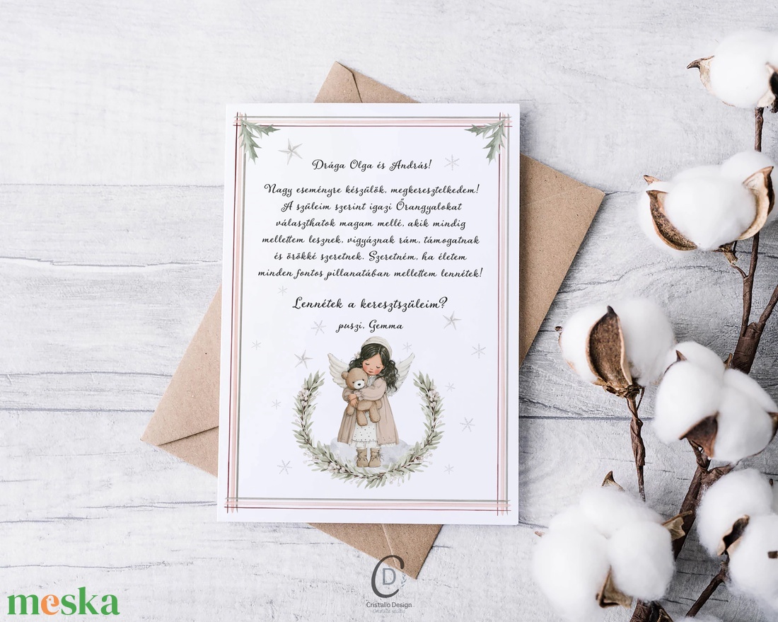 Keresztszülő felkérő kártya, angyalkás, téli ajándékkísérő - baba - mama - keresztelő kellékek - keresztszülő felkérő - Meska.hu