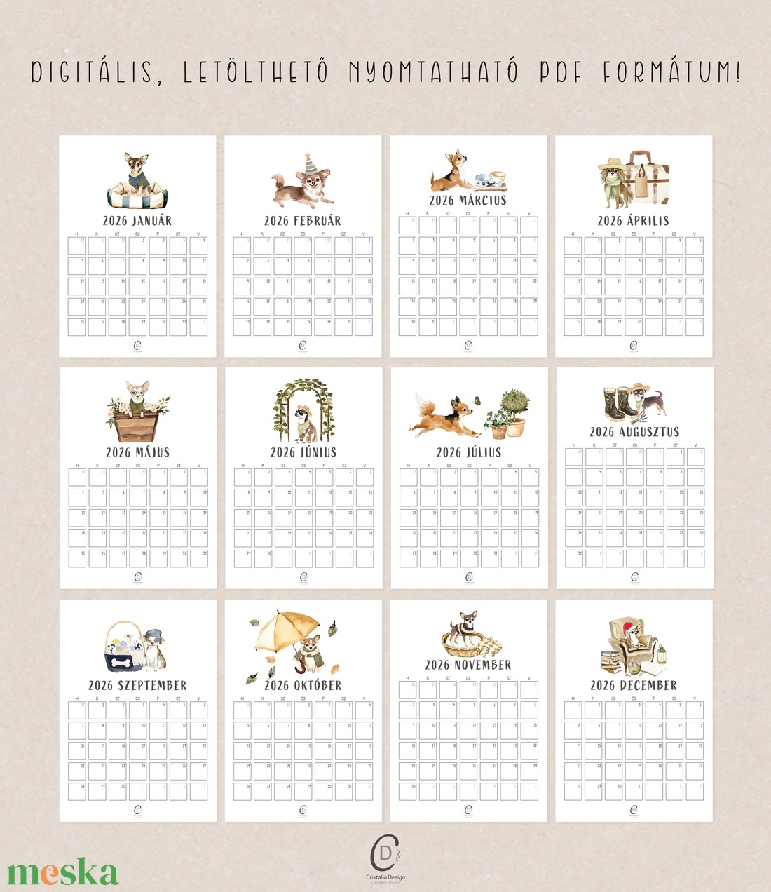 Falinaptár 2026, kutyás, havi tervező - otthon & életmód - papír, írószer - naptár & tervező - Meska.hu