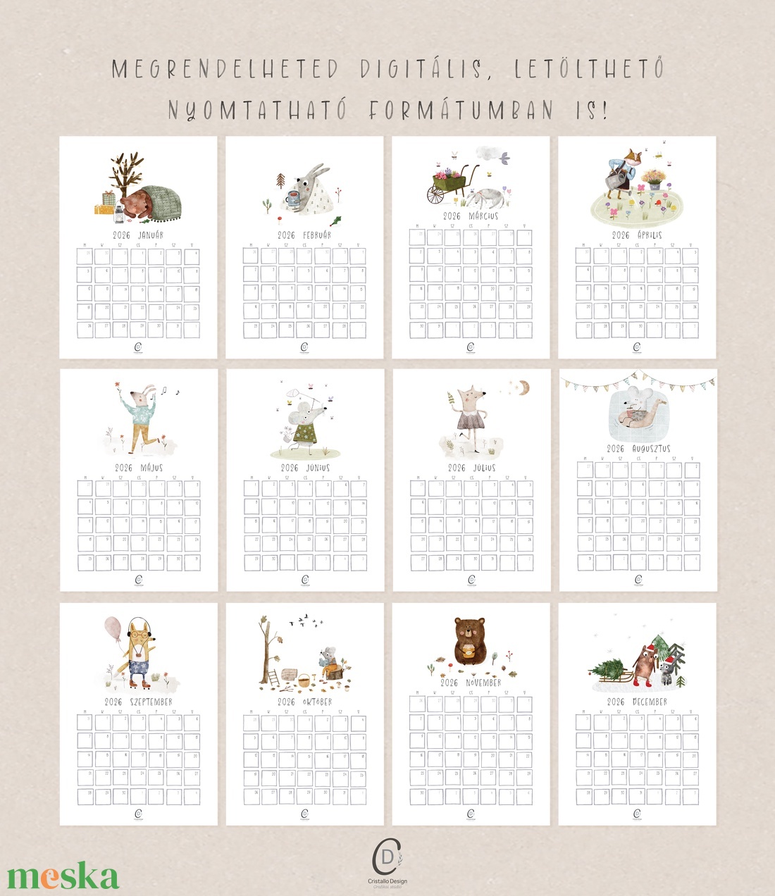 Falinaptár 2026, erdei állatos, havi tervező - otthon & életmód - papír, írószer - naptár & tervező - Meska.hu