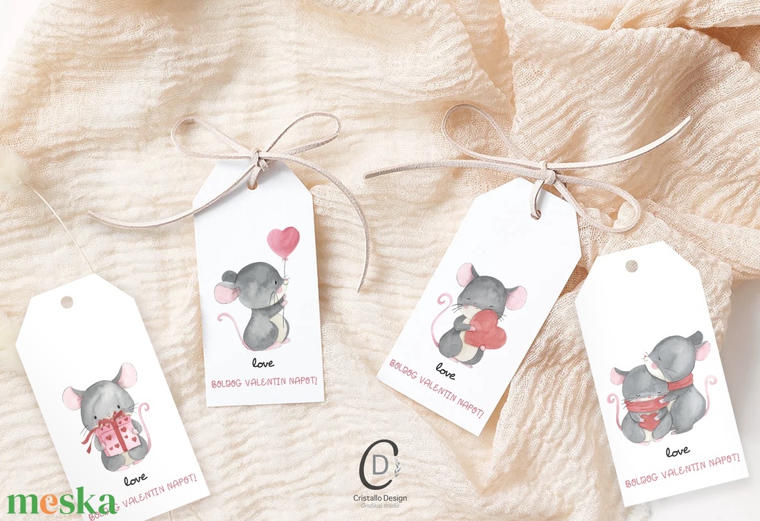 Valentin napi ajándékkísérő, egérkés ajándékátadó kártya szett 4 db - otthon & életmód - papír, írószer - ajándékozás kellékei - ajándékkísérő - Meska.hu