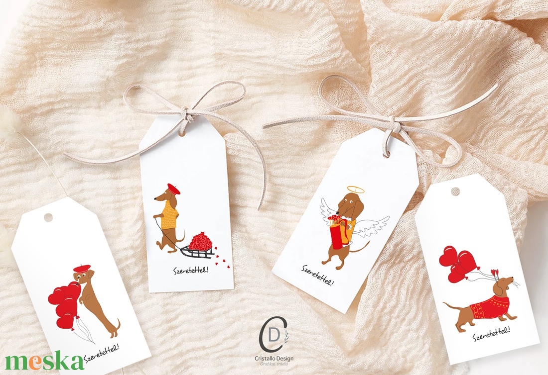 Valentin napi ajándékkísérő, tacskós ajándékátadó kártya szett 4 db - otthon & életmód - papír, írószer - ajándékozás kellékei - ajándékkísérő - Meska.hu