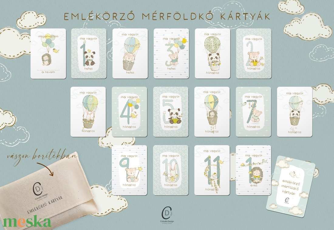 Mérföldkő kártya, erdei állatos emlékörző kártyák, baba box, 17 db - baba - mama - babalátogató ajándékcsomag - Meska.hu