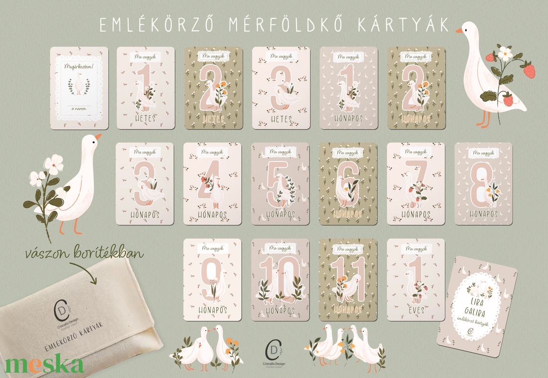 Mérföldkő kártya, kis libás emlékörző kártyák, baba box, 17 db - baba - mama - babafotózás - baba mérföldkő kártyák - Meska.hu
