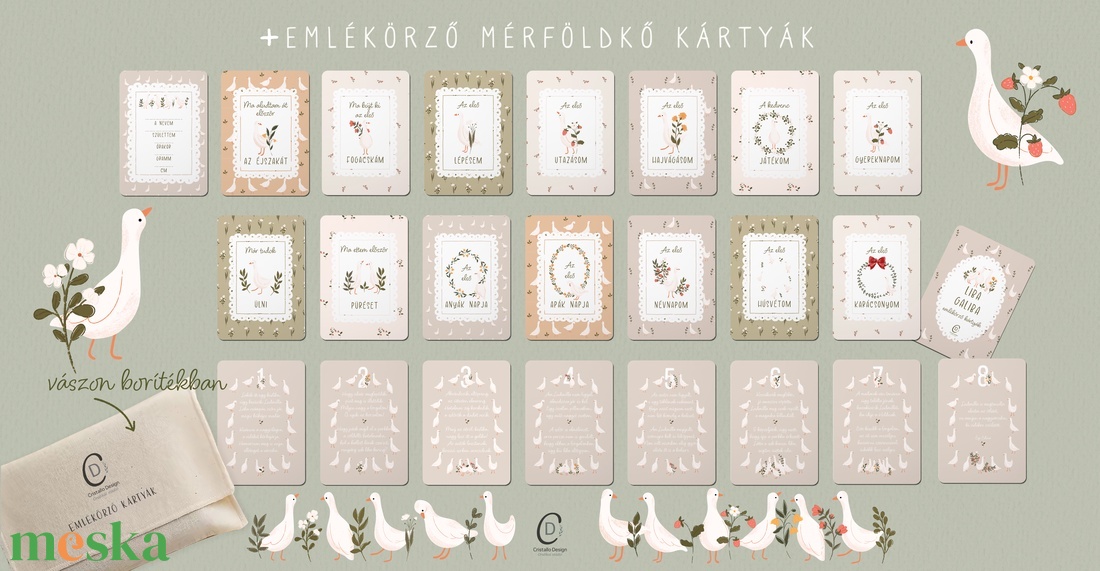 Mérföldkő kártya, kis libás emlékörző kártyák, baba box, 17 db - baba - mama - babafotózás - baba mérföldkő kártyák - Meska.hu