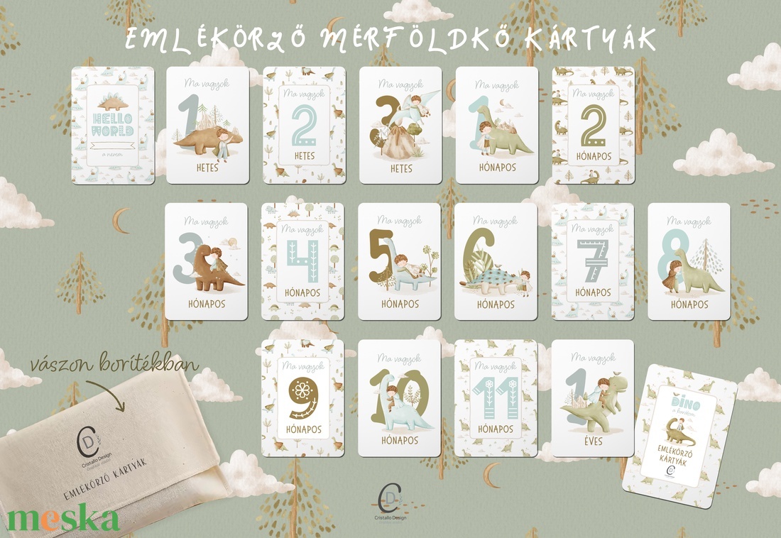Mérföldkő kártya, dinos emlékörző kártyák, baba box, 17 db - baba - mama - babafotózás - baba mérföldkő kártyák - Meska.hu