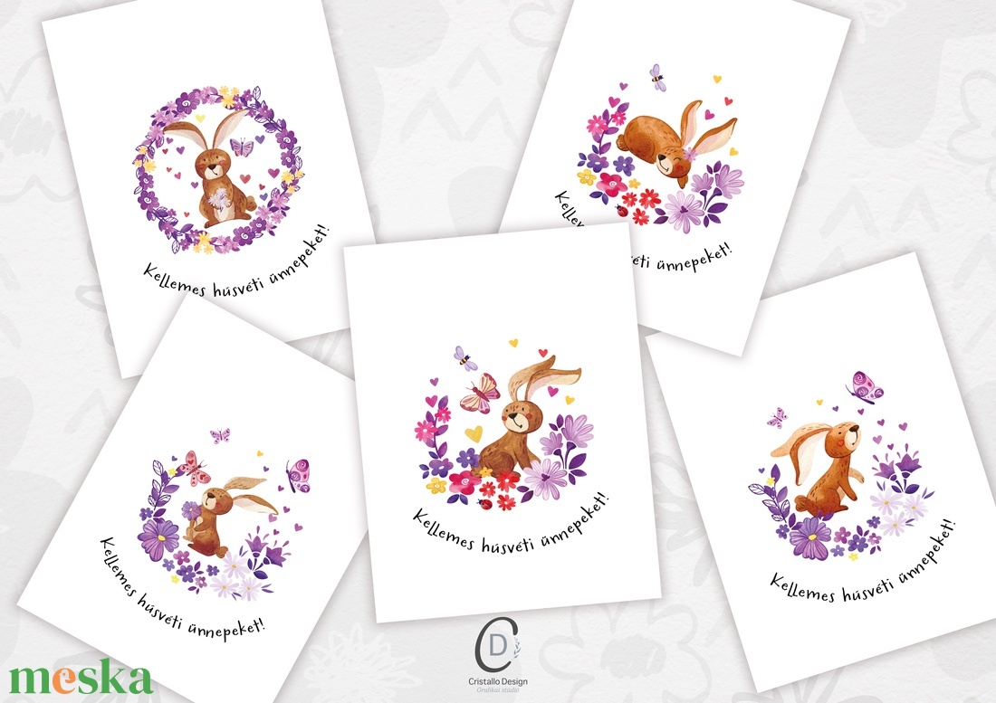Húsvéti képeslapok, ajándékkísérő, nyuszis üdvözlőlap szett 5 db - ünnepi díszek, dekorációk - húsvéti díszek és dekorációk - húsvéti képeslapok - Meska.hu