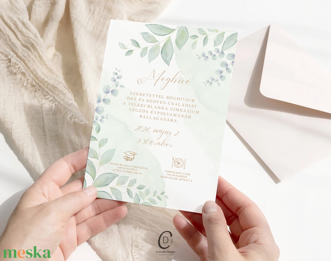 Iskolai ballagási meghívó, greenery kártya - otthon & életmód - papír, írószer - ajándékozás kellékei - meghívó - Meska.hu
