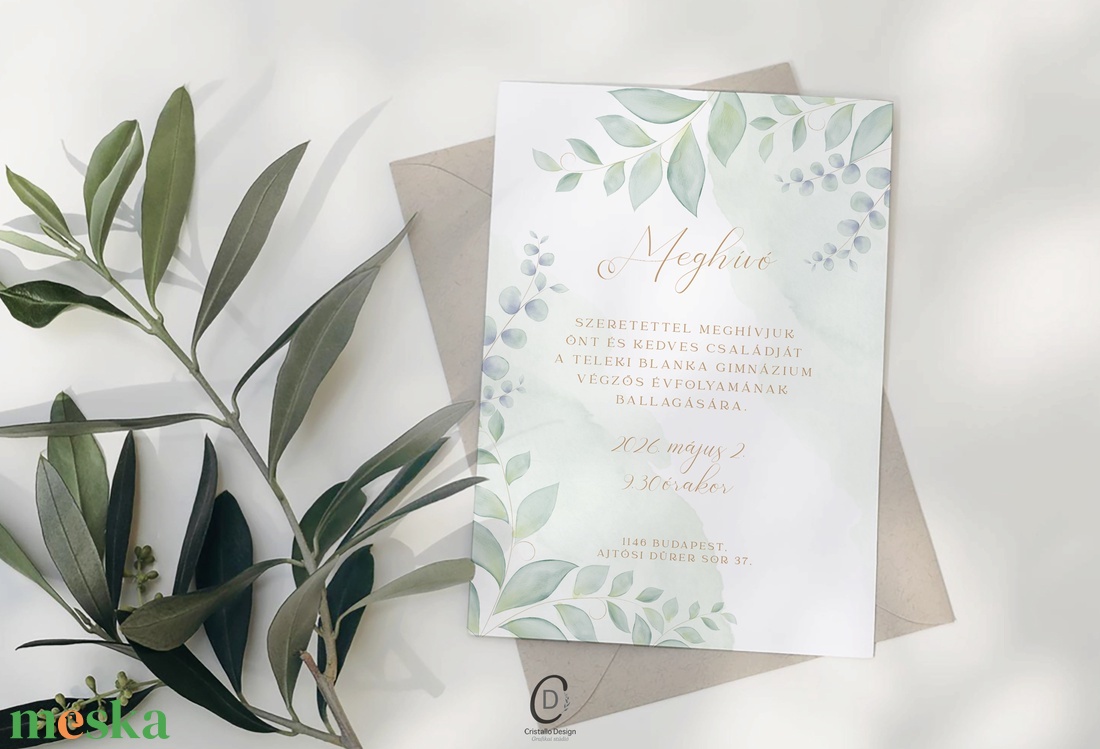 Iskolai ballagási meghívó, greenery kártya - otthon & életmód - papír, írószer - ajándékozás kellékei - meghívó - Meska.hu