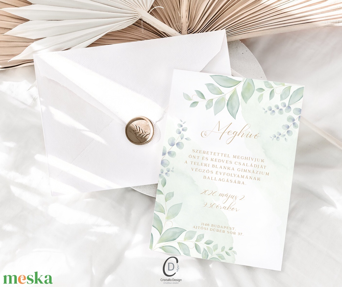 Iskolai ballagási meghívó, greenery kártya - otthon & életmód - papír, írószer - ajándékozás kellékei - meghívó - Meska.hu