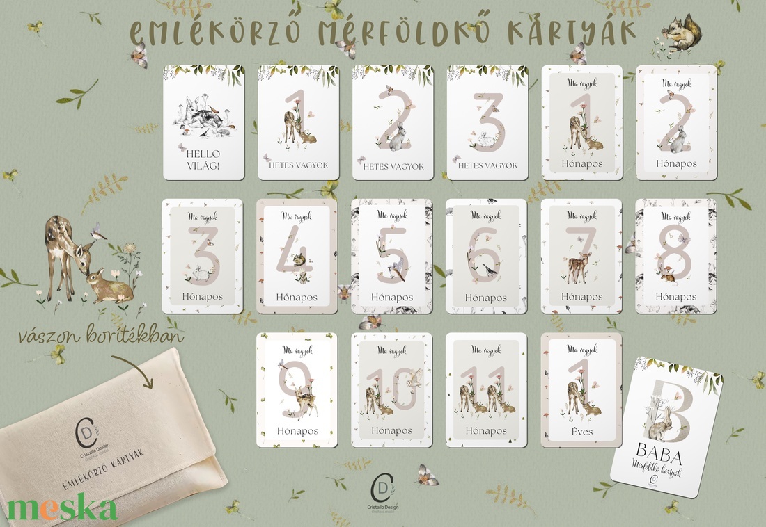 Mérföldkő kártya, erdei állatos, baba box 16 db - baba - mama - babafotózás - baba mérföldkő kártyák - Meska.hu