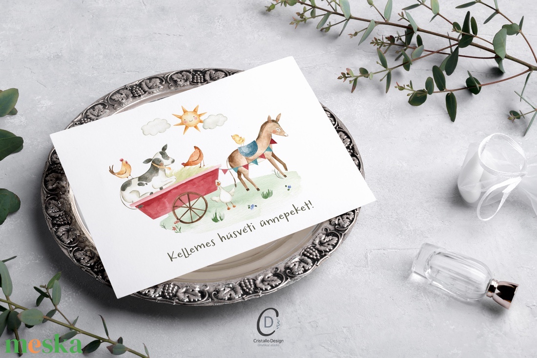 Húsvéti képeslap, traktoros üdvözlőlap, farmos ajándékkísérő - ünnepi díszek, dekorációk - húsvéti díszek és dekorációk - húsvéti képeslapok - Meska.hu