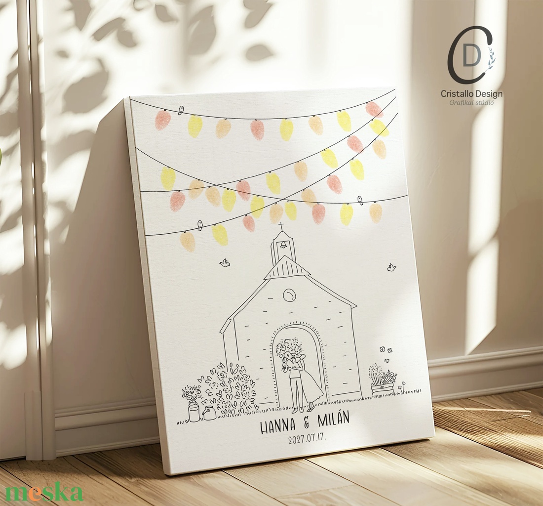 Esküvői ujjlenyomat vendégkönyv, templomos poszter, lampionos vászonkép - esküvő - emlék & ajándék - vendégkönyv - Meska.hu
