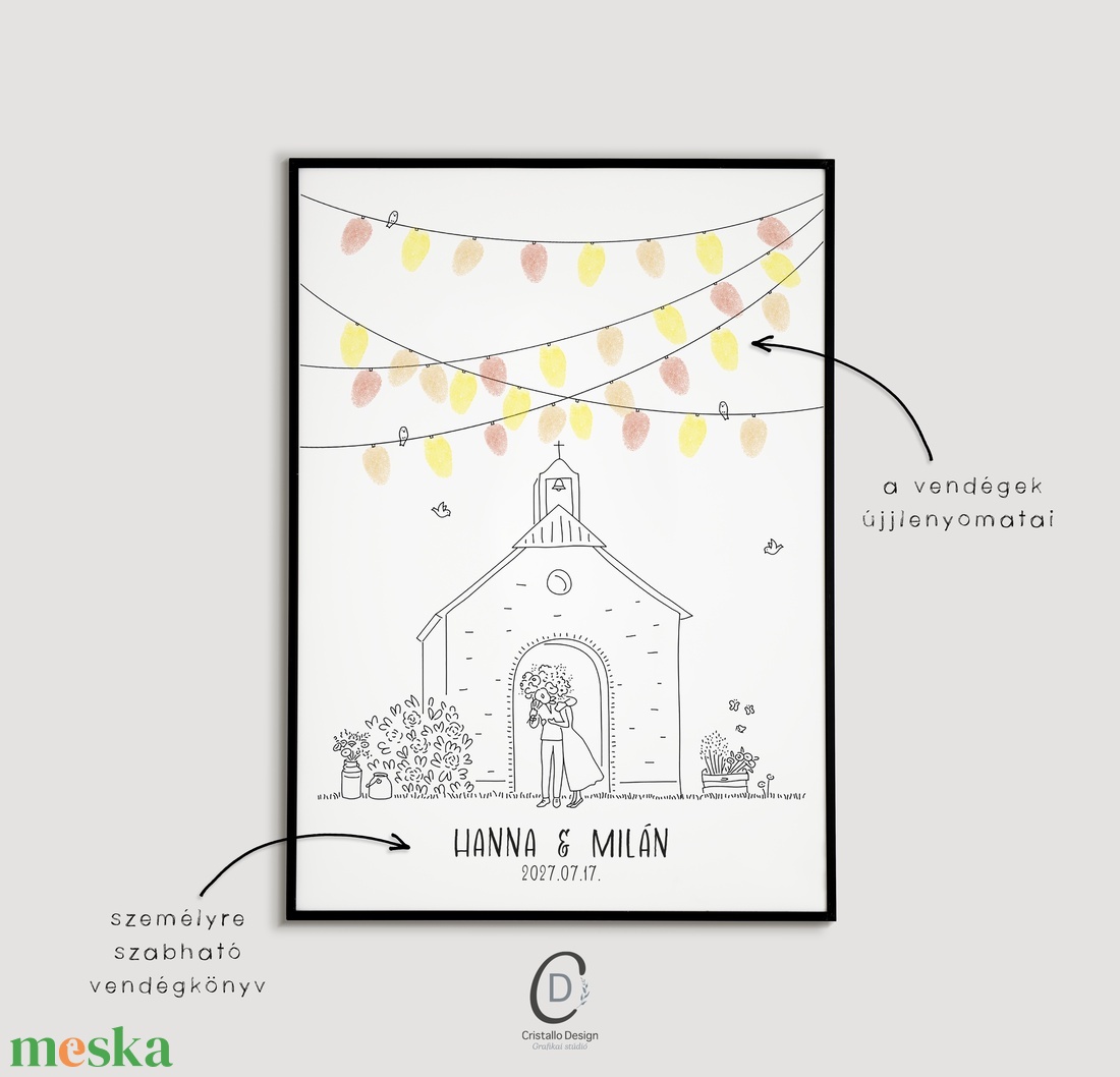 Esküvői ujjlenyomat vendégkönyv, templomos poszter, lampionos vászonkép - esküvő - emlék & ajándék - vendégkönyv - Meska.hu