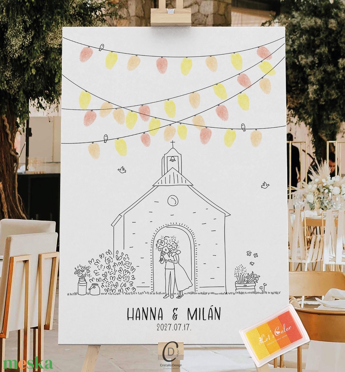 Esküvői ujjlenyomat vendégkönyv, templomos poszter, lampionos vászonkép - esküvő - emlék & ajándék - vendégkönyv - Meska.hu