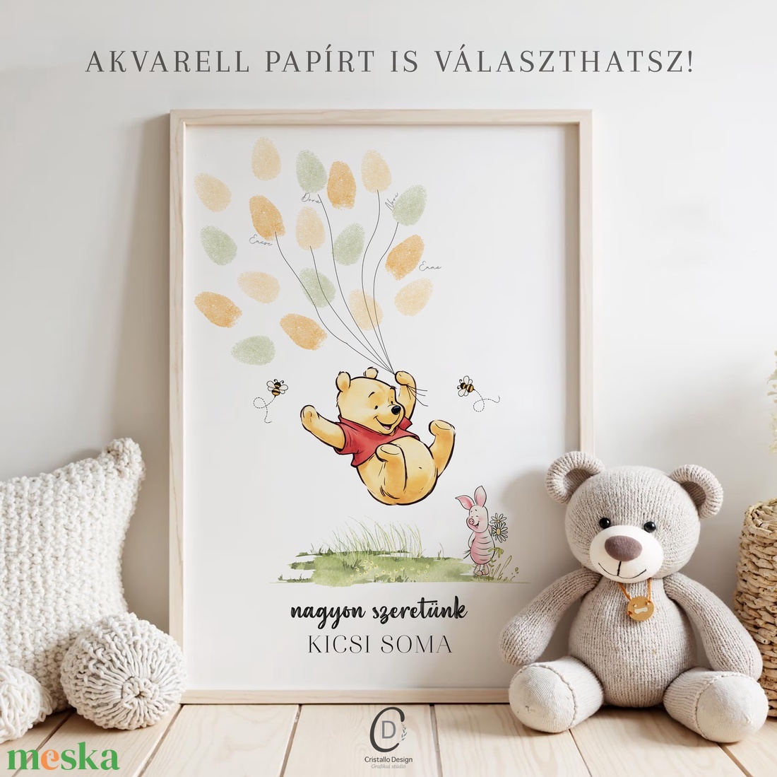 Babaváró buli ujjlenyomat vendégkönyv, Micimackó poszter, tábla, vászonkép - baba - mama - babaszoba dekoráció - babaposzter - Meska.hu
