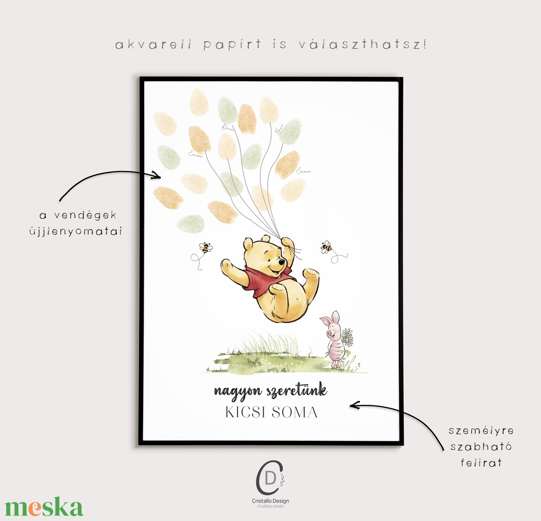 Babaváró buli ujjlenyomat vendégkönyv, Micimackó poszter, tábla, vászonkép - baba - mama - babaszoba dekoráció - babaposzter - Meska.hu