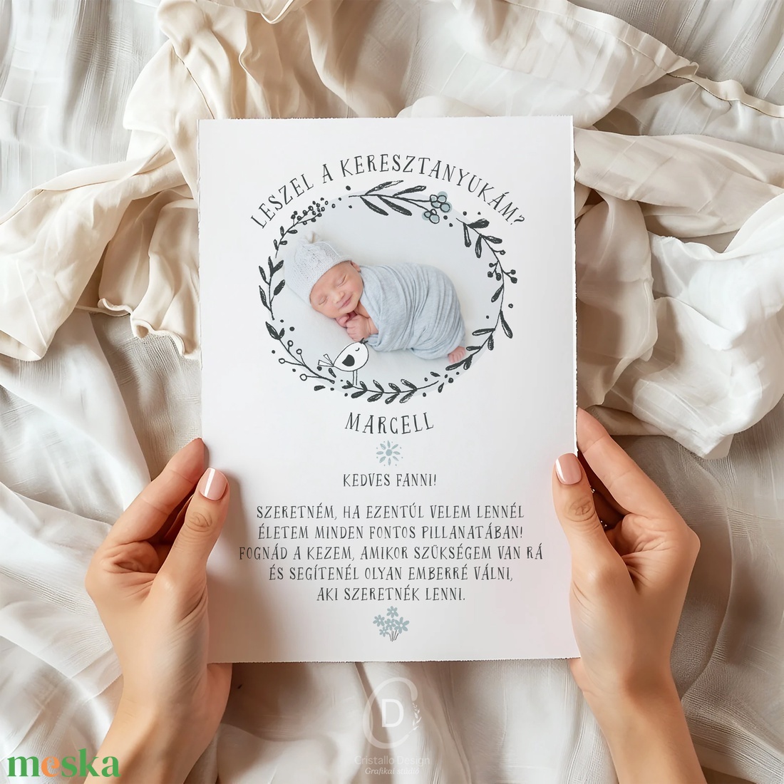 Fényképes keresztszülő felkérő kártya, virágos ajándékkísérő, képeslap - baba - mama - keresztelő kellékek - keresztszülő felkérő - Meska.hu