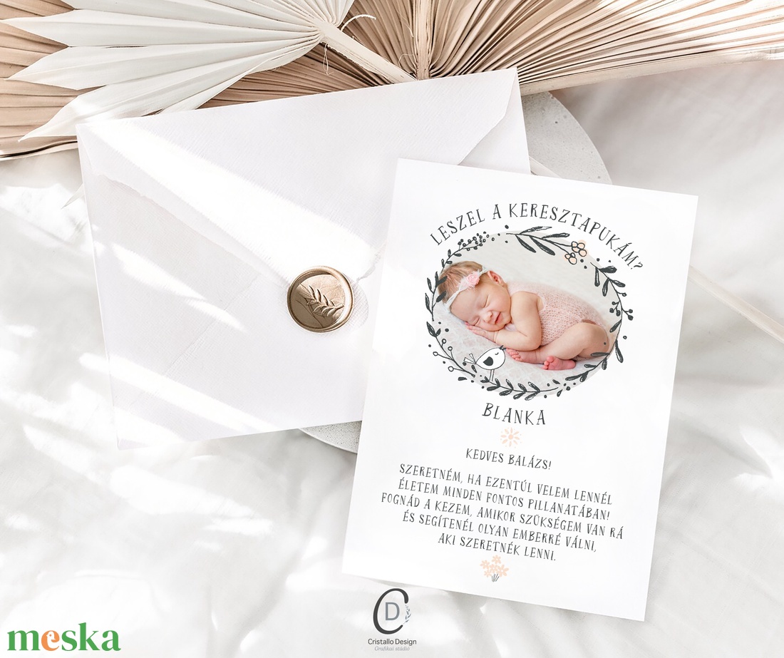 Fényképes keresztszülő felkérő kártya, virágos ajándékkísérő, képeslap - baba - mama - keresztelő kellékek - keresztszülő felkérő - Meska.hu