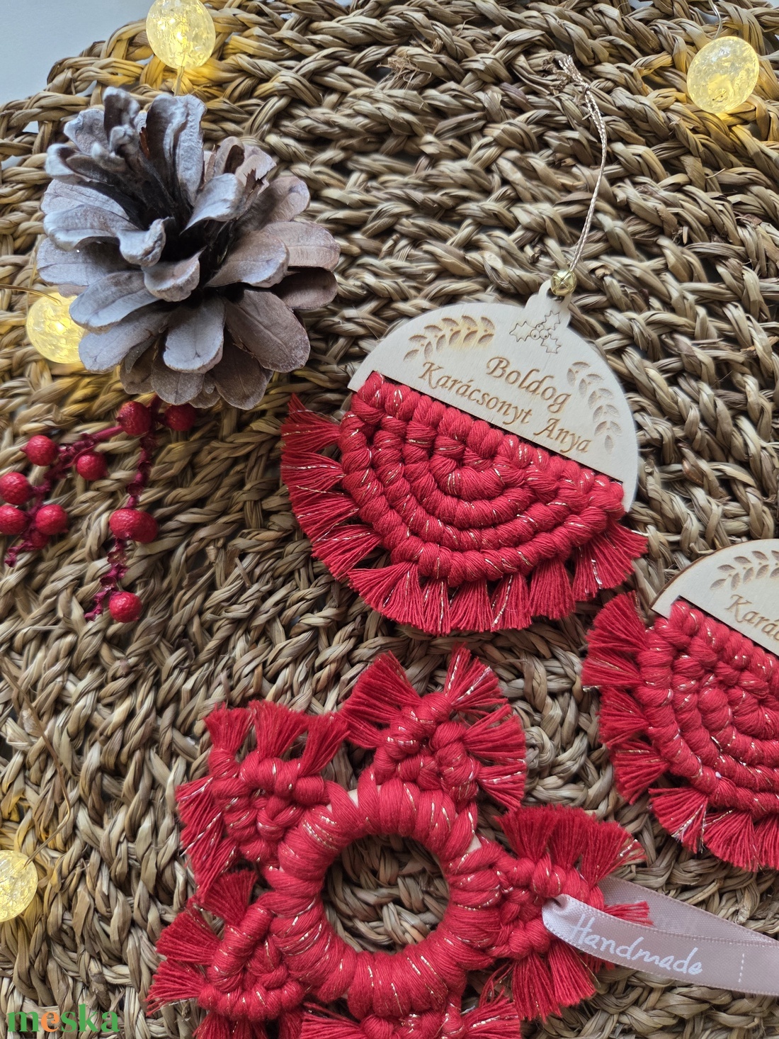 Karácsonyi makramé díszcsomag  - karácsony - karácsonyi lakásdekoráció - karácsonyfadíszek - Meska.hu
